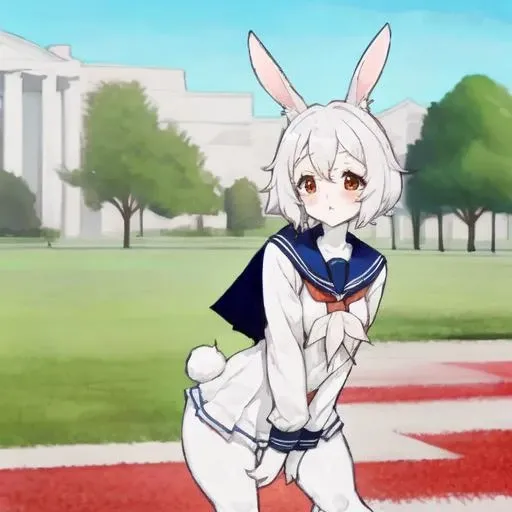 1girl, solo, yuran, yuran_face, yuran_body, yuran_ear, yuran_tail, furry, rabbit ears, rabbit nose,  :-<, serafuku, outdoors, <lora:yuranv6-000004:1>