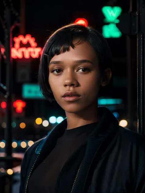 tayl0r,short straight hair bob,wearing black jacket and sweater,(city light:1),neon,extremely detailed,cinematic,(film grain:1),(bokeh:1),(night:1), <lora:epi_noiseoffset2:0.6>,(dimly lit:1) ,<lora:tayl0r:1>