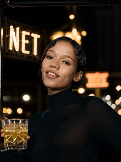 tayl0r,short straight hair bob,wearing black high neck sweater,drinking a cocktail,(city light:1.2),neon,smile,extremely detailed,cinematic,(film grain:1.2),(bokeh:1.3),(night:1.2), <lora:epi_noiseoffset2:0.6>,(dimly lit:1.3) ,<lora:tayl0r:1>