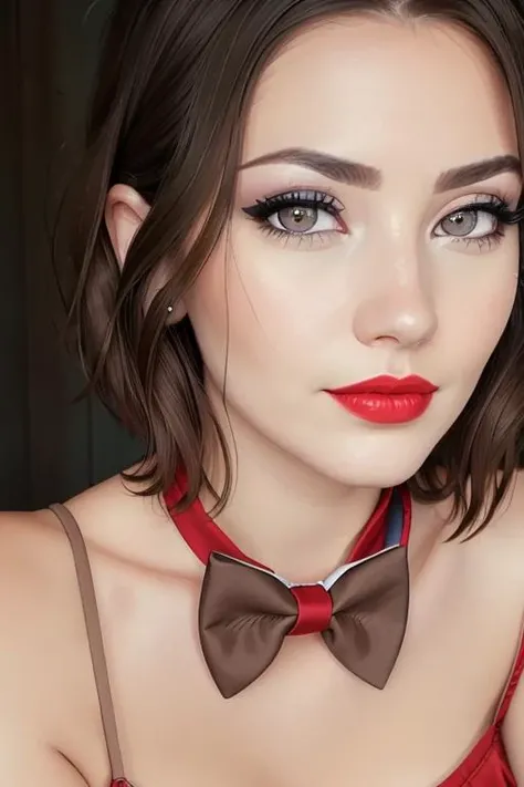 photo of a woman, <lora:sunshine-07:0.6>, sunshine,(serious), ((bowtie, shirt):1.2), ((short hair, dark brown hair)), ((outdoors):1.1), ((closeup, portrait)), ((red lipstick, makeup)), ((best quality, masterpiece, extreme details, high resolution):1.2),((detailed eyes, beautiful eyes, detailed face, beautiful face):1.2)