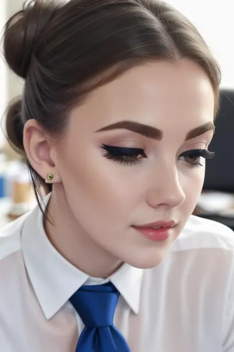 <lora:sunshine-06:0.6>, sunshine, (epic)
 , perfect hair, beautiful perfect skin, ((hair up, hair in bun, busy office)), (modern photo, necktie, shirt), 24mm, (analog, cinematic, film grain:1.3), , detailed eyes, (upper body), (looking at viewer), earrings, (eyeliner, eyelashes)