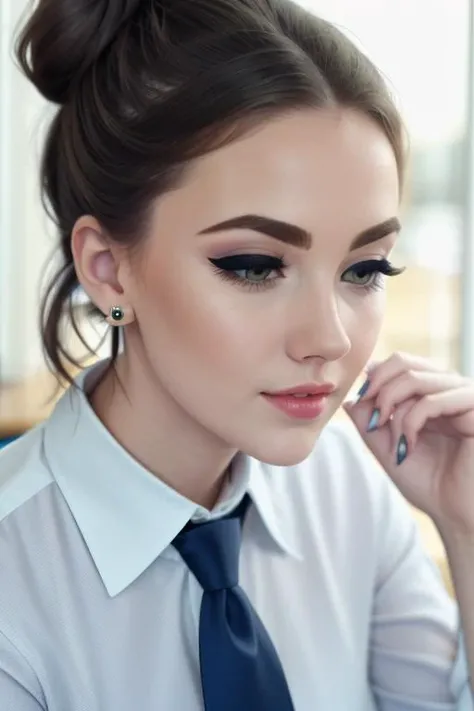 <lora:sunshine-06:0.6>, sunshine, (epic)
, perfect hair, beautiful perfect skin, ((hair up, hair in bun, busy office)), (modern photo, necktie, shirt), 24mm, (analog, cinematic, film grain:1.3), , detailed eyes, (upper body), (looking at viewer), earrings, (eyeliner, eyelashes)