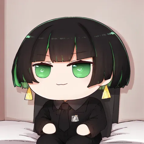 anime girl sitting on a bed with green eyes and black hair