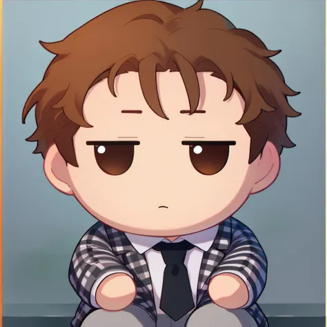 score_9, score_8_up, score_7_up, fumo \(doll\), chibi, solo, male focus, 1boy, benny, expressionless, sitting, brown hair, short hair, checkered suit, black necktie, grey pants <lora:style_toyfumo_ponyXL-000006:1> <lora:benny-fnv-richy-v1_pdxl:1>