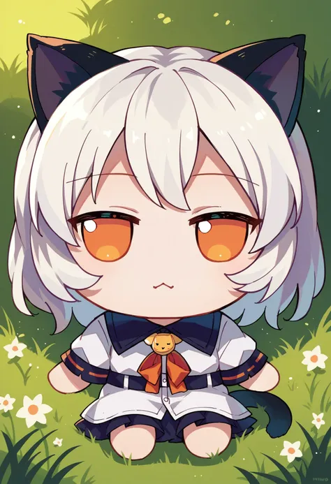 score_9, score_8_up,score_7_up, source_ anime, fumo \(doll\), chibi, sitting, white hair, orange eyes, shirt, grass,cat ears,
 <lora:style_toyfumo_ponyXL:1>