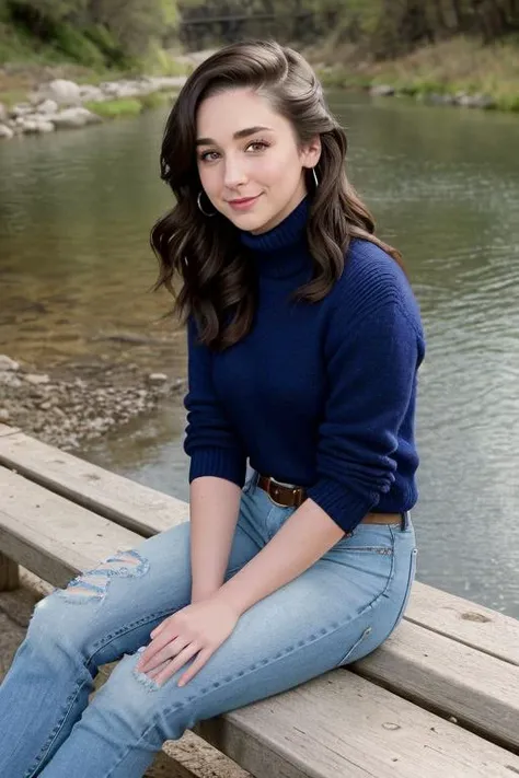Molly3phraim, ((Wearing a turtleneck and distressed jeans)), Professional, ((in the country next to a river)), ((sitting on a bench next to the river)), model shoot style, 8k raw, high res, ultrarealistic, hyperrealistic, soft lighting, good lighting, textured skin, photorealism, DSLR photo, high details, detailed face, detailed hair, skin pores, (looking at viewer), (Real Eyes), (Detailed Eye Corneas), (detailed pupils), ((smiling)), photo lab, elegant, insane details, hyperdetailed, low contrast, epiCRealism, Detailed and realistic photography, intricate and realistic eyes, shot outside, skin texture, soft natural lighting, 85mm lens, magical photography, dramatic lighting, ultra-detailed, Kodak 800T, (((SFW)))