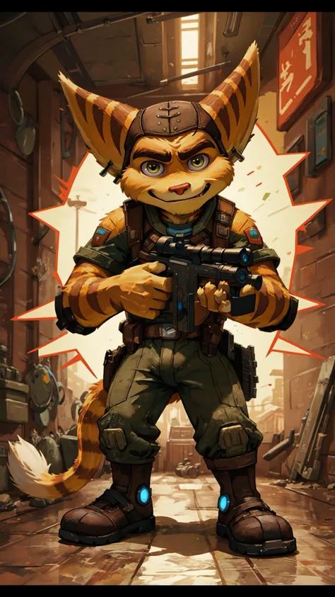 <lora:Tommy_Gun:0.8> thompson submachine gun, tommy gun, drum magazine, aiming, aiming at viewer, firing, rifle, (holding a tommy gun with both hands:1.25), BREAK, <lora:RatchetFRL27nO:0.5> ratchet, 1boy, solo, furry, lombax, Ratchet and Clank,