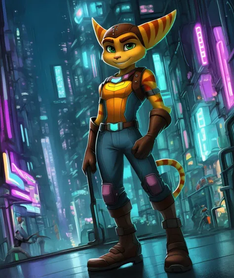 ratchet, stripes, detailed fur, lombax, headgear, fully clothed, clothing, gloves, handwear, standing, in cyberpunk city, cityscape <lora:RatchetFRL27nO:1>