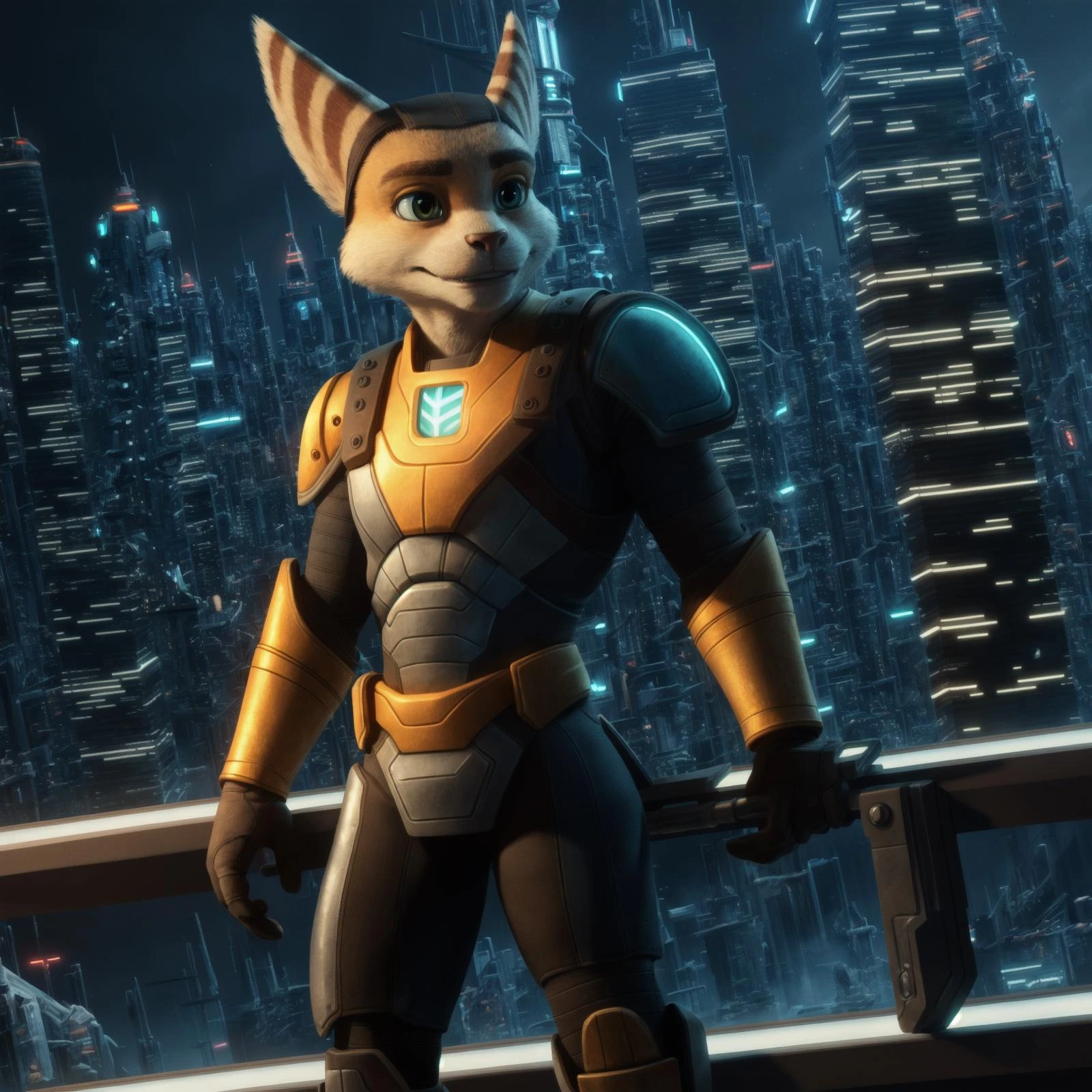 photorealistic, ratchet, adult, male, anthro, full body, in sci-fi city with skyscrapers at night, (wearing scifi armor:1.2), holding wrench
BREAK
anatomically correct, detailed face, 1person
BREAK
photorealistic, detailed, realistic, sharp details, octane render, smooth, studio lighting, RAW photo, photorealistic, (masterpiece:1.3), (best quality:1.4), (ultra highres:1.2), HDR, 8k resolution, detailed shading, perfect lighting, dynamic lighting, ultradetailed, (good anatomy), <lora:RatchetFRL27nO:1>