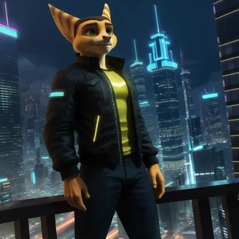 photorealistic, ratchet, adult, male, anthro, full body, in sci-fi futuristic city with skyscrapers at night, in jacket
BREAK
anatomically correct,  detailed face, 1person
BREAK
photorealistic, detailed, realistic, sharp details, octane render, smooth, studio lighting, RAW photo, photorealistic, (masterpiece:1.3), (best quality:1.4), (ultra highres:1.2), HDR, 8k resolution, detailed shading, perfect lighting, dynamic lighting, ultradetailed, (good anatomy), <lora:RatchetFRL27nO:1>