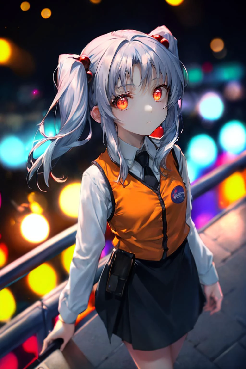 cinematic film still cyberpunk, a girl floating through the cyber network, in the network, lucent lines of streaming of deta, reflection of the lights, (blurry background:1.5),
looking up, from above, looking at viewer,
aaruri, black necktie, orange vest, long sleeves, black skirt, close vest, (expressionless:1.2), floating hair, flat chest, glowing eyes,
<lora:hoshino_ruri_v1:0.7>
<lora:hadanuri1:1> <lora:hotarusaturation_3_v100:-0.5><lora:flat2:-0.4> . shallow depth of field, vignette, highly detailed, high budget, bokeh, cinemascope, moody, epic, gorgeous,
film grain, grainy,
