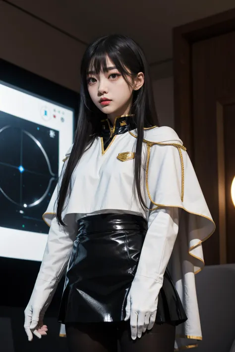 masterpiece, best quality, highres, bbruri, long hair, yellow eyes, white capelet, long sleeves, white gloves, black skirt, pantyhose, <lora:hoshino_ruri_v1:0.7>, standing, cowboy shot, indoors, spacecraft,
