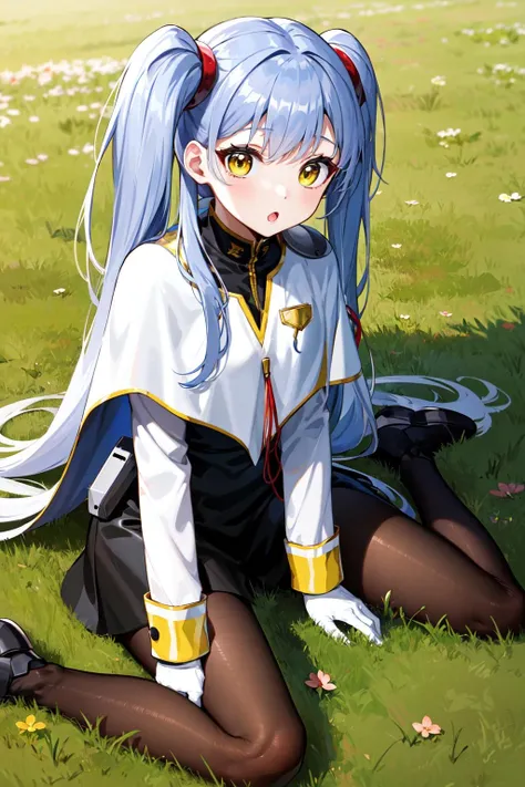masterpiece, best quality, highres, bbruri, long hair, yellow eyes, white capelet, long sleeves, white gloves, black skirt, pantyhose, boots, <lora:hoshino_ruri_v1:0.7>, grass, wariza, :o, field,