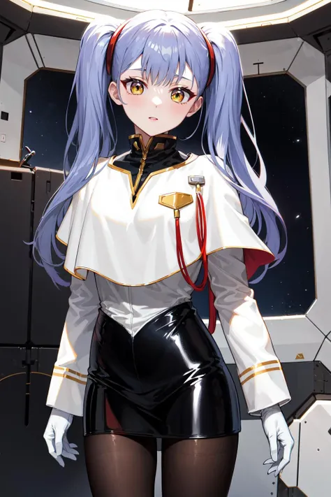 masterpiece, best quality, highres, bbruri, long hair, yellow eyes, white capelet, long sleeves, white gloves, black skirt, pantyhose, <lora:hoshino_ruri_v1:0.7>, standing, cowboy shot, indoors, spacecraft,