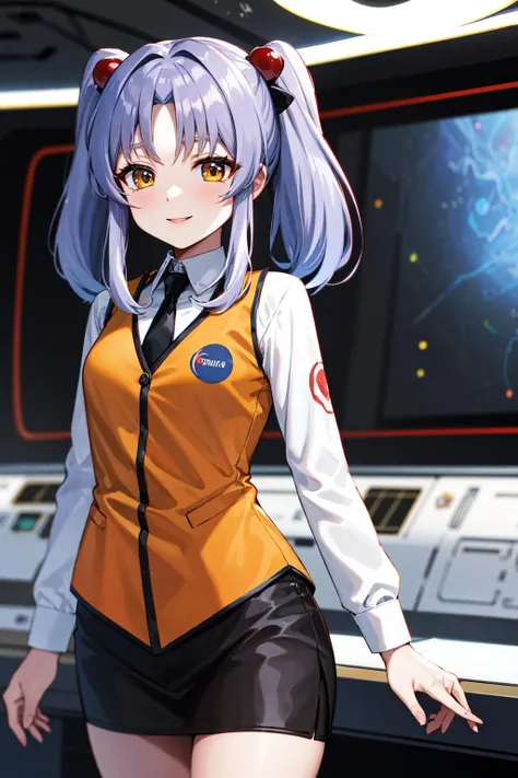 masterpiece, best quality, highres, aaruri, black necktie, orange vest, long sleeves, black skirt, <lora:hoshino_ruri_v1:0.7>, smile, standing, cowboy shot, indoors, spacecraft,
