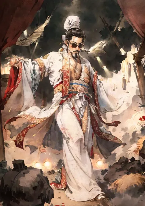 absurdres,(4k, best quality, highres:1.1), (masterpiece:1.1), BREAK paparazzi style photograph, (wide shot in the middle of crowded music festival), full body:1.6,man,
Chinese male,(sunglasses),(dancing),(microphone),looking at viewer,facial_hair, hanfu, 1boy, beard, male_focus, mustache, chinese_clothes, old, solo,(Headphones),(topknot),old_man, wide_sleeves, own_hands_together, long_sleeves,topknot,(White robe), looking_at_viewer, wrinkled_skin, hands up,  smile:1.8,
super wide angle BREAK,rhythmic beats, emotional melodies, musical instruments, creative expression, shared passions ,rock band,Night club,saloon