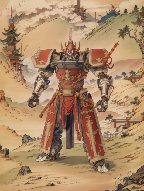 best quality, master piece, 1 mecha , strong, red chinese armor, engineering map,drawing, weapon,sword, <lora:ç»é£LoRAï¼å°äººä¹¦Â·è¿ç¯ç» XiaoRenShu_v2.0:1>