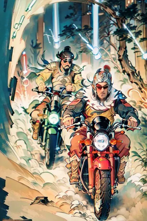 male riding motorcycle, (man riding motorcyclee while holding lightsaber), Chinese armor,(motorcyclee), (2 male using lightsaber fighting), Chinese style tower, 2 man riding motorcyclee toward each other, (two man fight each other with lightsaber on motorcyclee), man holding lightsaber,