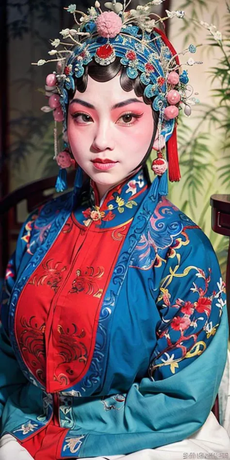 <lora:xz1.5:0.65>,<lora:xiaorenshu2.0:0.5>,HUADAN,((full body shot)),(photorealistic:1.4), official art,(detailed beautiful face:1.3),(big beautiful eyes:1.4),mouth shut, detailed,Sitting on a chair,(hands down),beautiful and aesthetic, masterpiece, best quality,(fractal art), 1girl, bust, wide aperture, Peking Opera,the face is clear,
