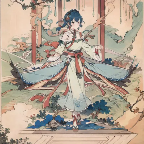 short hair, 1girl,solo,fullbody masterpiece, absurdres, best quality, clean background,(blue and green ink), <lora:Xiaorenshu_v20:1>, <lora:standingFullBodyWithBackgroundStyle_v10Offset:1>