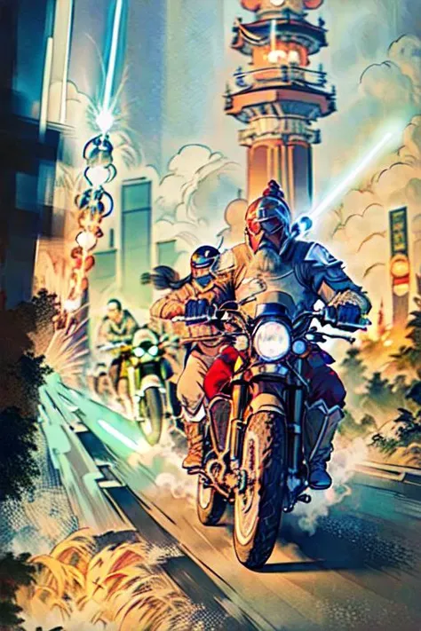 male riding motorcycle, (man riding motorcyclee while holding lightsaber), Chinese armor,(motorcyclee), (2 male using lightsaber fighting), Chinese style tower, 2 man riding motorcyclee toward each other, (two man fight each other with lightsaber on motorcyclee), man holding lightsaber,