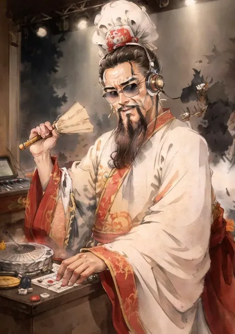 absurdres,(4k, best quality, highres:1.1), (masterpiece:1.1), BREAK paparazzi style photograph, (wide shot in the middle of crowded music festival), full body:1.6,man,
Chinese male,(sunglasses),(dj booth),(microphone),looking at viewer,facial_hair, hanfu, 1boy, beard, male_focus, mustache, chinese_clothes, old, solo,(Headphones),(topknot),old_man, wide_sleeves, own_hands_together, long_sleeves,topknot,(White robe), looking_at_viewer, wrinkled_skin, hands up, smile:1.8,
super wide angle BREAK,rhythmic beats, emotional melodies, musical instruments, creative expression, shared passions ,rock band,Night club,saloon