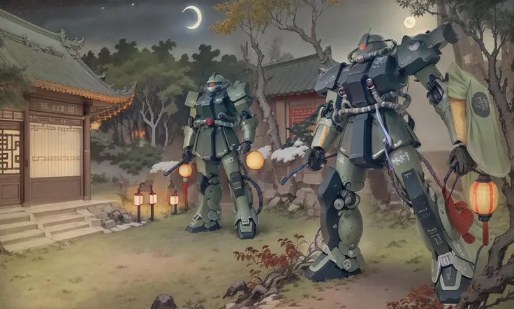 shz,((best quality)), ((masterpiece)), (detailed), realistic, mecha,(sitting),tradition chinese art,chinese general,looking at viewer, full body,tree,night,moon in the night sky,outdoors,mecha<lora:zaku:0.8> <lora:Xiaorenshu_v20:0.7>