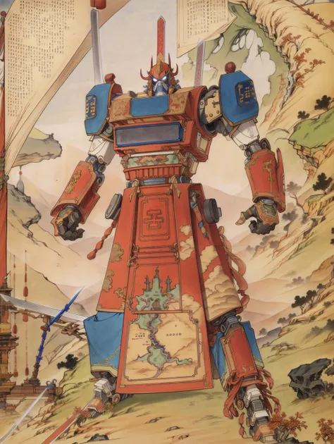 best quality, master piece, 1 mecha ,  strong, blue chinese armor, engineering map,drawing, weapon,sword, <lora:ç»é£LoRAï¼å°äººä¹¦Â·è¿ç¯ç»  XiaoRenShu_v2.0:1>