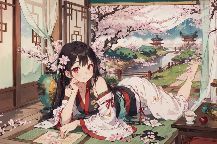 ((1girl)),solo,lying on back on bamboo mat bed in garden,paper fan,thin hanfu,foggy,(curtain),tiles roof,translucent silk chiffon kimono,light green and white,off shoulders,chinese painting,gongbi style,water_color,(cherry blossoms:1.4),(trees, artificial mountain),koi,wooden windows,doors,bed,stone,trandional architecture,temple,tower,wall,chinese garden,long hair,full body,bangs,(masterpiece, Extremely detailed, best quality, highres:1.2),soft smile, <lora:huyefo2-000008_2:0.4>, <lora:xrs2.0:0.4>, (masterpiece, best quality, high quality, highres, ultra-detailed),