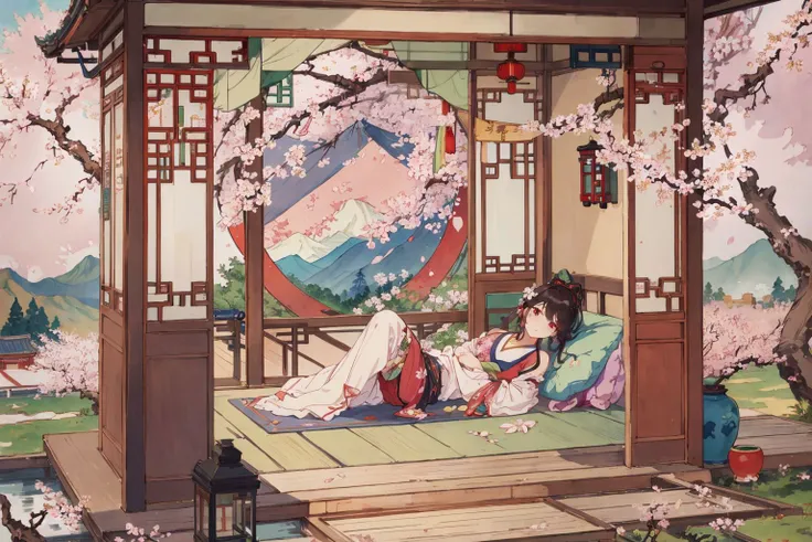 ((1girl)),solo,lying on back on bamboo mat bed in garden,paper fan,thin hanfu,foggy,(curtain),tiles roof,translucent silk chiffon kimono,light green and white,off shoulders,chinese painting,gongbi style,water_color,(cherry blossoms:1.4),(trees, artificial mountain),koi,wooden windows,doors,bed,stone,trandional architecture,temple,tower,wall,chinese garden,long hair,full body,bangs,(masterpiece, Extremely detailed, best quality, highres:1.2),soft smile, <lora:huyefo2-000008_2:0.4>, <lora:xrs2.0:0.4>, (masterpiece, best quality, high quality, highres, ultra-detailed),