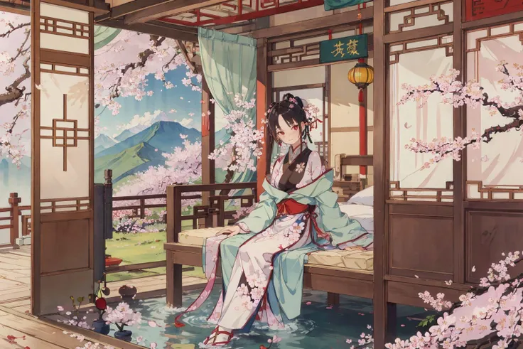 ((1girl)),solo,lying on back on bamboo mat bed in garden,paper fan,thin hanfu,foggy,(curtain),tiles roof,translucent silk chiffon kimono,light green and white,off shoulders,chinese painting,gongbi style,water_color,(cherry blossoms:1.4),(trees, artificial mountain),koi,wooden windows,doors,bed,stone,trandional architecture,temple,tower,wall,chinese garden,long hair,full body,bangs,(masterpiece, Extremely detailed, best quality, highres:1.2),soft smile, <lora:huyefo2-000008_2:0.4>, <lora:xrs2.0:0.4>, (masterpiece, best quality, high quality, highres, ultra-detailed),