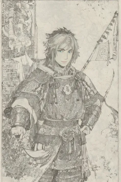 a chinese warrior in chainmail armour, flags in background <lora:Xiaorenshu_v10:1>