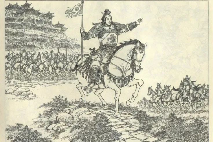 a chinese warrior in chainmail armour, riding on a horse, flags in background <lora:Xiaorenshu_v10:1>