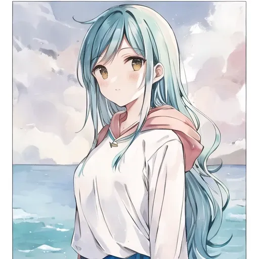 aqua hair, aqua clothes, beach, sea