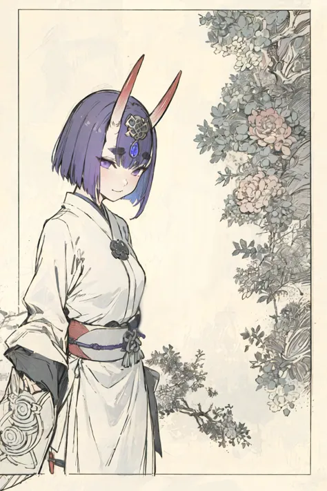 shuten douji \(fate\), short hair, 1girl,solo,pov, intricate, masterpiece, absurdres, best quality, oni horns,small breasts, <lora:shutenDoujiFateGO_shuten:0.8>, clean background,(blue and green ink),close shot,from front,<lora:Xiaorenshu_v10:0.95>
