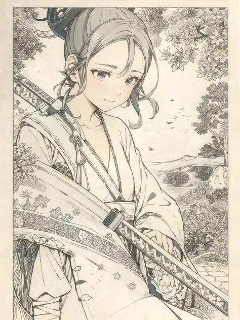 clean background,1 girl,28 years old,katana,wimd,maple leaf,blue and green ink,close shot,from front, <lora:Xiaorenshu_v10:0.9>