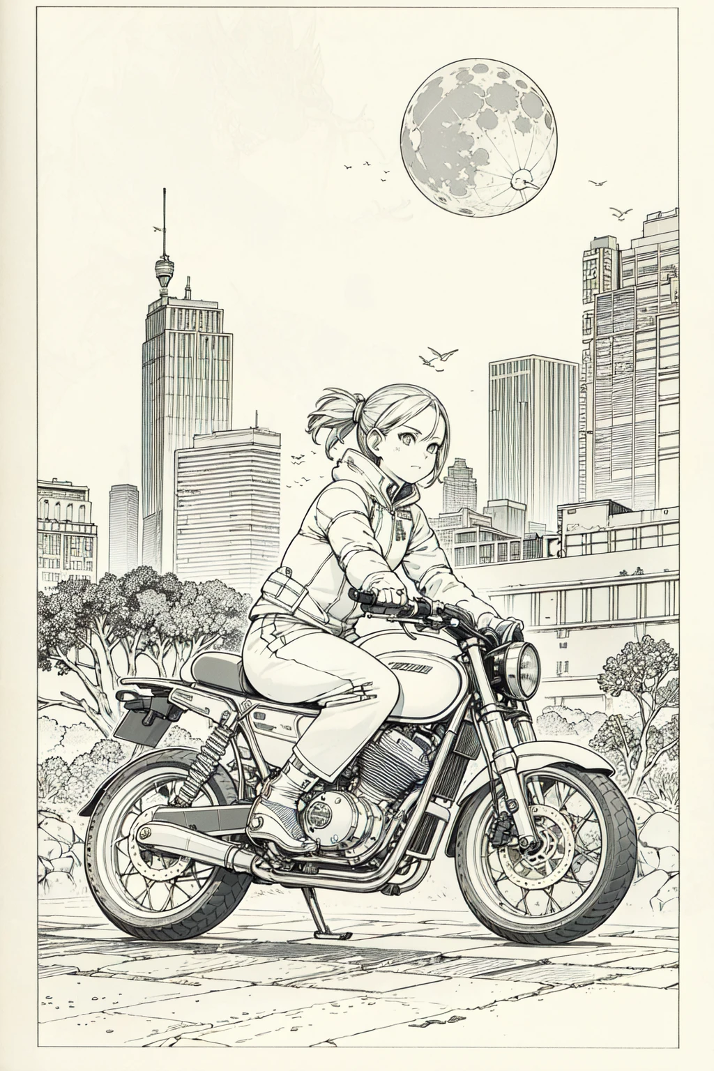 best quality, masterpiece, photo, 4K, photorealistic, highly detailed,
1girl riding motobike, techwear, cyberpunk city, solo, futuristic, huge moon in the background, black and white, by Akira Toriyama, closeup,
<lora:Xiaorenshu_v10:0.6>, <lora:animeLineartStyle_v20Offset:0.6>