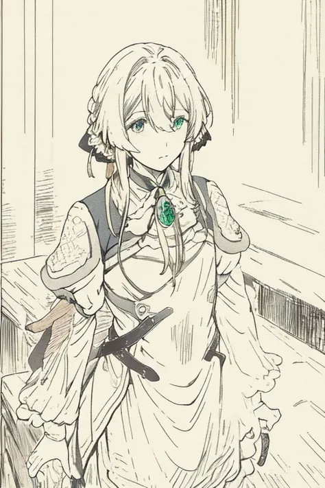 shz, sgyy, realistic, looking at viewer, <lora:Xiaorenshu_v15:0.9>, <lora:violetEvergarden_v10:0.9> ,upper body, violet_evergarden, long sleeves, brooch, ribbon, jacket, dress, emerald, town, hill, sunset street, standing on the garden
