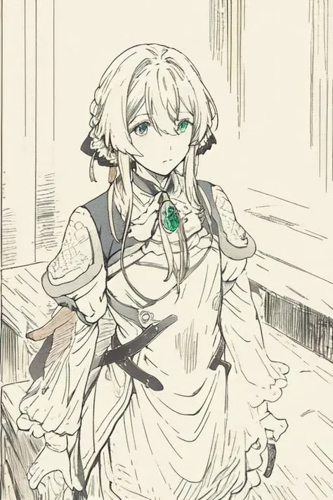 shz, sgyy, realistic, looking at viewer, <lora:Xiaorenshu_v15:0.9>, <lora:violetEvergarden_v10:0.9> ,upper body, violet_evergarden, long sleeves, brooch, ribbon, jacket, dress, emerald, town, hill, sunset street, standing on the garden