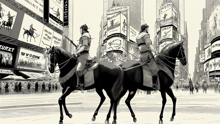 ((new york)), time square, cityscape, shz, ((best quality)), ((masterpiece)), (detailed), realistic, male riding a horse, holding a gun, front view,