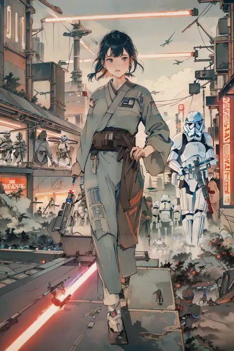 (masterpiece, best quality),1girl, dynamic ungle, people,
<lora:xrs2.0:0.8> sthoutfit, star wars, jedi knight, have a lightsaber, lots of StormtrooperS,
future city, neon signs, flying starship