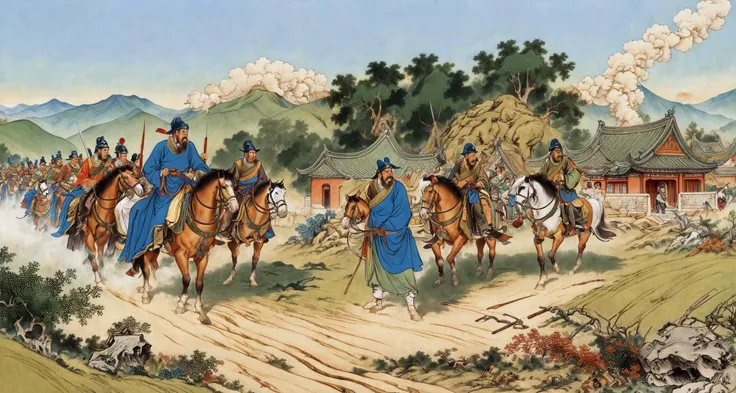 cao cao,multiple boys with long bread,(riding horse),mustache, looking at viewer, outdoors,house, amy,horse
intricate details,masterpiece,8k,highres,best quality,highest texture,realistic,nature light,perfect shadow,clear detailed face,
<lora:add_detail:0.3>, <lora:Xiaorenshu_v20:0.7>,
ancient china, three kingdom of romance, historical battlefield,landscape,field,strong wind,empty,
Cao Cao's armored cavalry crushed the defending soldiers of Wuchao's base at night and burned Yuan Shao's provisions,
everyone alarm,holding weapon,massacre \(Violent and bloody,limbs everywhere,Strewn with dead bodies and ruins\),
(((all faces must be different, use all spectre of your different emotions from happiness to anger, do what you want and how you want))).