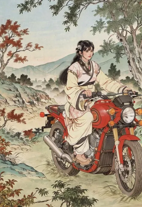 solo,ride a motorcycle,forest,night <lora:Xiaorenshu_v20:0.9>,ancient hairstyle,