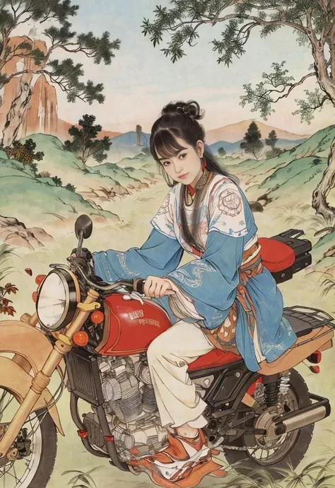 solo,ride a motorcycle,forest,night <lora:Xiaorenshu_v20:0.9>,ancient hairstyle,