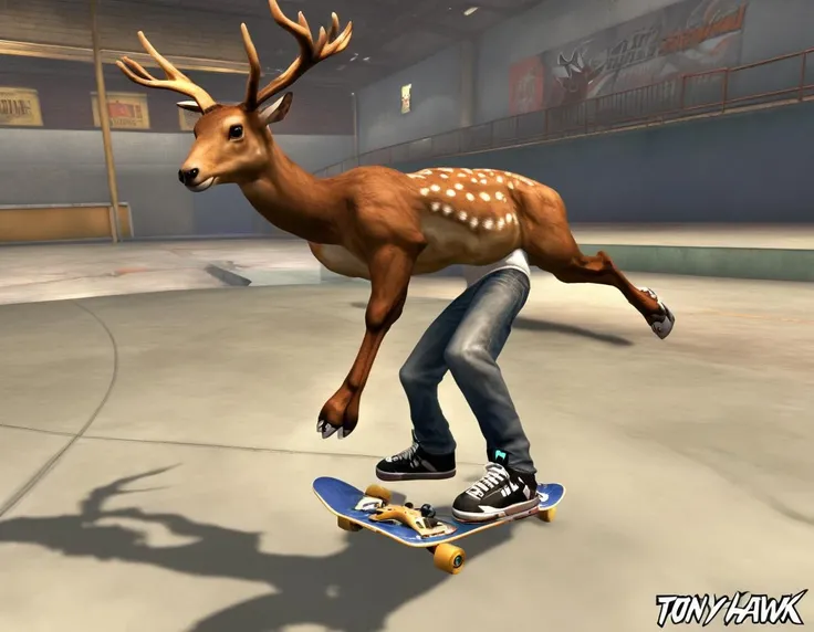 tony hawk pro skater, the main character is a deer <lora:Y2K Aesthetic [XL]-000550:0.7>