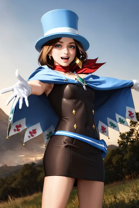 (masterpiece, best quality:1.2), cowboy shot, solo, 1girl, trucy wright, smile, looking at viewer, arms behind back, top hat, dress, cape, white gloves, scarf, earrings <lora:aa_trucywright:1.0>