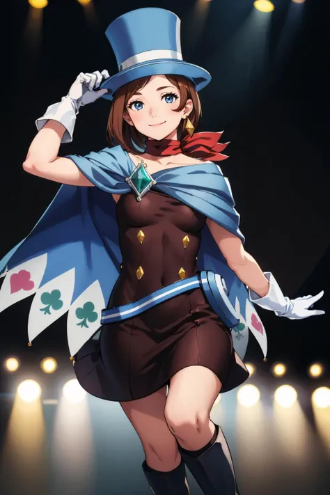 <lora:aa_trucywright-11:1>, trucy wright, brown hair, blue eyes, top hat, dress, cape, white gloves, boots, scarf, earrings
masterpiece, best quality, absurdres, on stage, smile, looking at viewer
