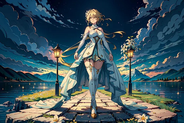 (masterpiece, best quality:1.4), high res, 1girl, (colorful), full body shot, 1girl, solo, flower, Blond hair, <lora:lumineGenshinImpact_lumineGenshinImpact:1>, detailed face, long eyelashes, sharp eyes, beautiful eyes, detailed eyes, cold face, smooth chin, thick thighs, big breasts, closed mouth, night, stars, starfall, detailed background, flower field, white flowers, dark sky, mountains, wind, dark studio, rim lighting, two tone lighting, dimly lit, low key, <lora:epiNoiseoffset_v2:0.5>