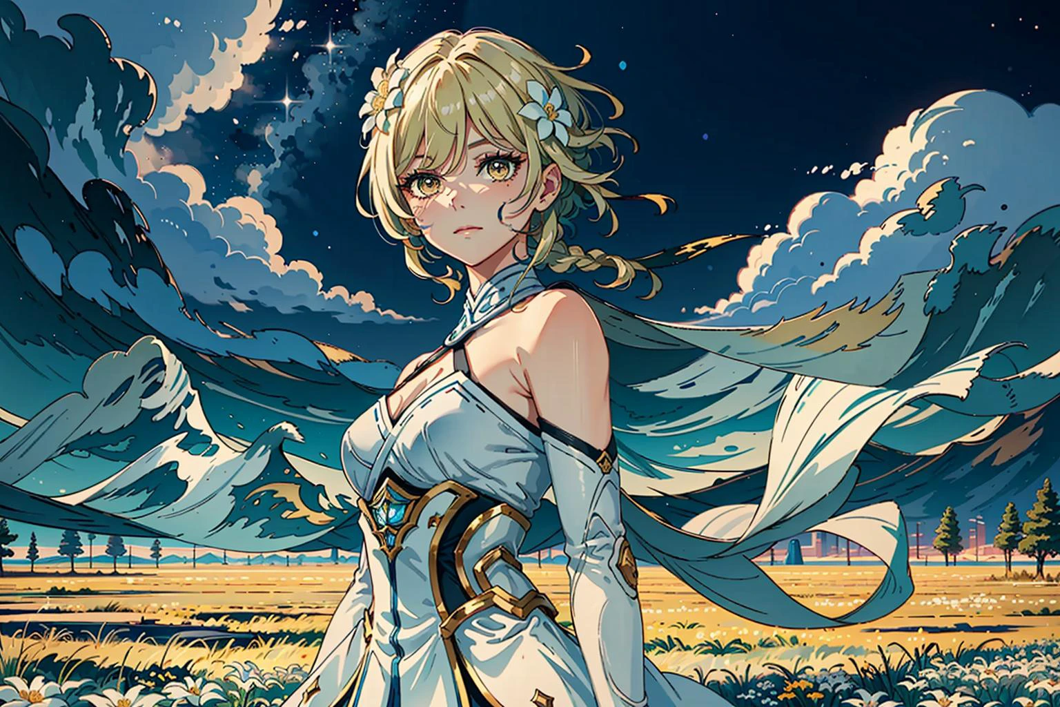 masterpiece, best quality, 1girl, (colorful), full body shot, 1girl, solo, flower, Blond hair, <lora:lumineGenshinImpact_lumineGenshinImpact:1>, detailed face, long eyelashes, sharp eyes, beautiful eyes, detailed eyes, cold face, smooth chin, closed mouth, night, stars, starfall, detailed background, flower field, white flowers, dark sky, mountains, wind, dark studio, rim lighting, two tone lighting, dimly lit, low key, <lora:epiNoiseoffset_v2:0.5>