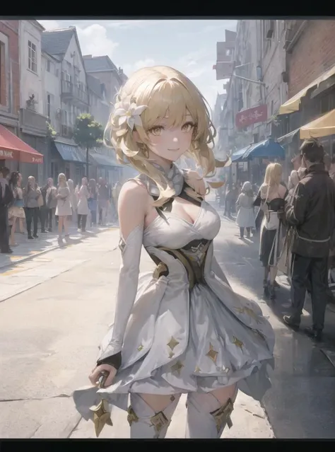 masterpiece, highres, best quality, 1girl, solo, lumine \(genshin impact\), blonde hair, short hair, flower, bangs, yellow eyes, portrait, fantasy, town, street, crowd, looking at viewer, light smile,